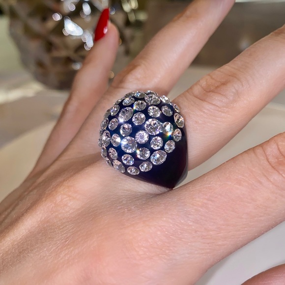 Women’s Black Acrylic Ring Embellished With Swarovski Crystal Stones, Dome Shape - Picture 9 of 15